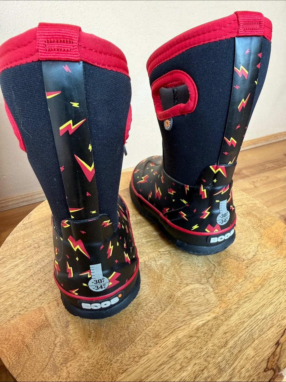 Bogs Kids Black Rain Boots with Red and Yellow Lightning